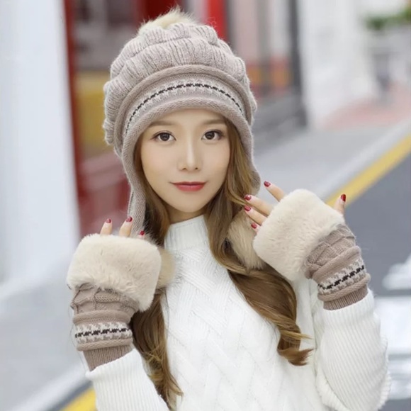 Accessories - Chic Khaki Fleece Lined Beanie with Fur Pom Poms & Fingerless Gloves